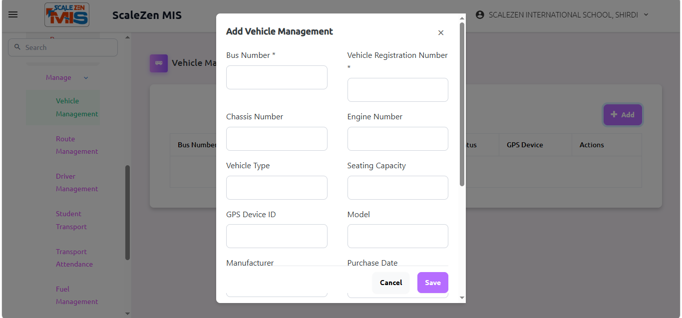 Vehicle Management Screen